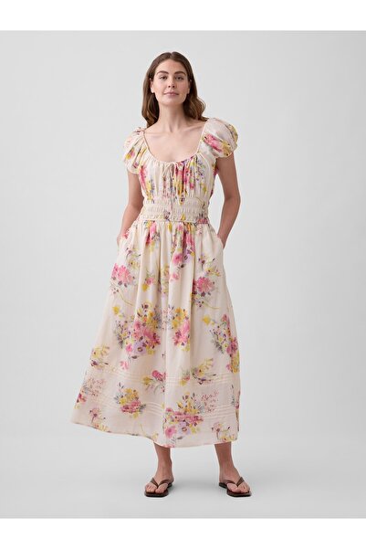 GAP Kadın Çok Renkli Floral Voile Smocked Maxi Elbise