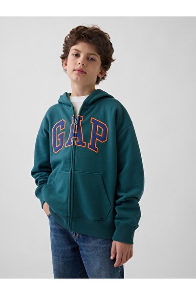 GAP Erkek Çocuk Yeşil Logo Fransız Havlu Kumaş Fermuarlı Sweatshirt