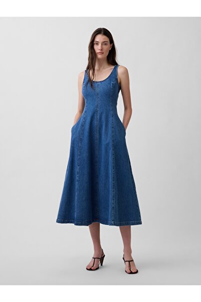 GAP Kadın Mavi Denim Scoop Neck Maxi Elbise