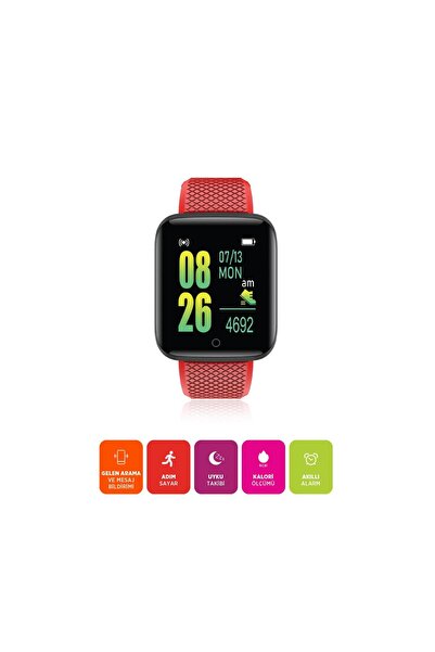 Polosmart PBS153 Titreşimli Adım Sayar Müzik Kontrol Spor Mod Bluetooth Akıllı Saat Kırmızı