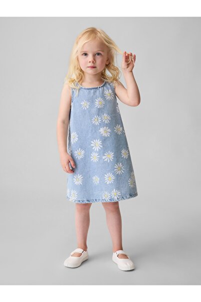 GAP Kız Bebek Mavi Papatya Baskılı Denim Elbise