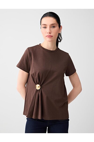 Jimmy Key Acı Kahve Relaxed Fit Crew Neck Gathered Knitted T-Shirt