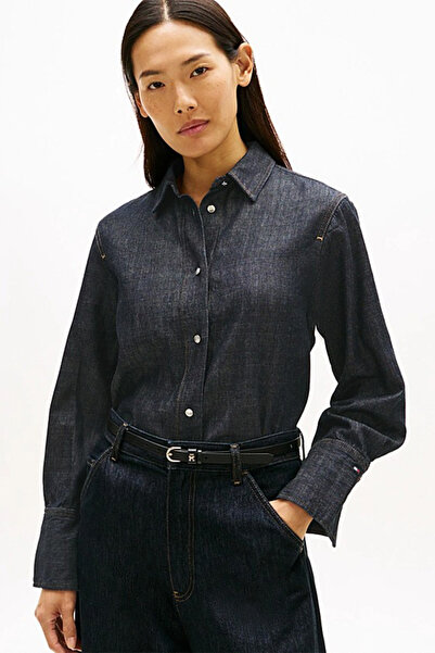 Tommy Hilfiger Kadın Rahat Kesim Manşet Logolu Denim Gömlek - Koyu Denim Mavi