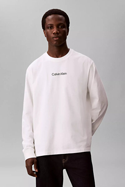 Calvin Klein Men's Ls Rlxd Standard Logo Crewneck Tee T-Shirt - White