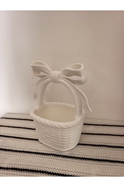 Lotus Fiyonk Detaylı Dekoratif Mini Sepet / Organizer (Beyaz)