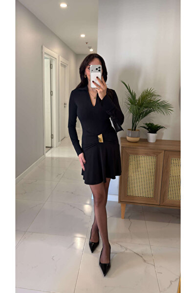 BİRCANÇİL Giosla Black Design Dress with Gold Buckle Detail