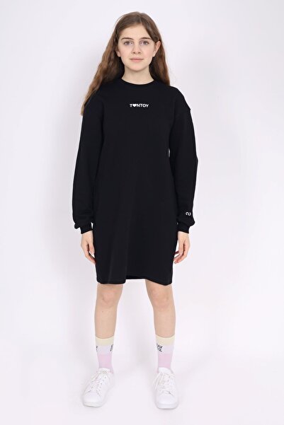 Toontoy Girl's Printed Oversize Crew Neck Long Sleeve Dress -