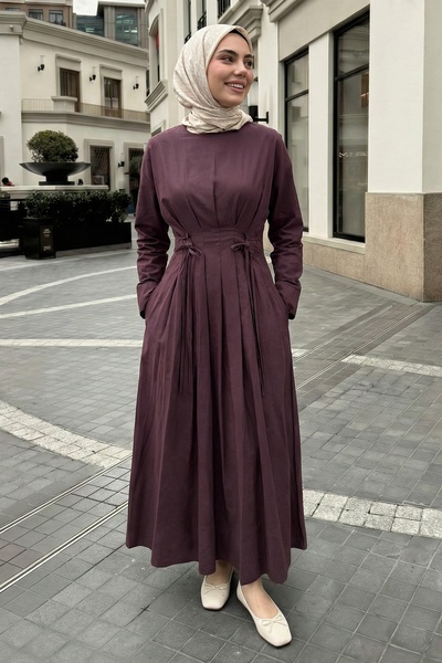 InStyle Pleated Belted Burgundy Dress