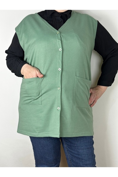 RELYA Women's Mint Green Buttoned Double Pocket Jacquard Vest