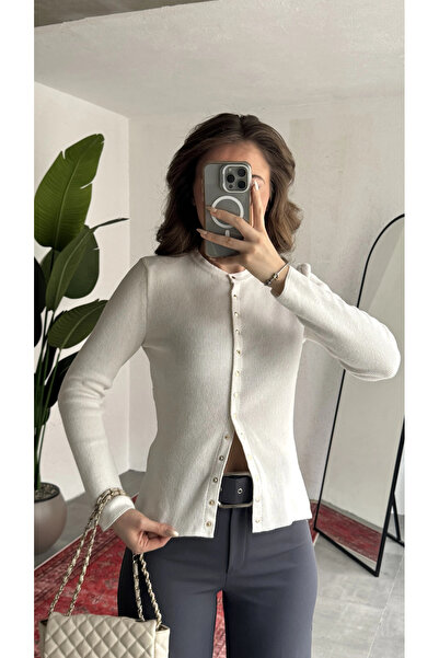 asfamoda Women's Ecru Ribbed Knitwear Cardigan with Snap Fasteners Slim Fit B...