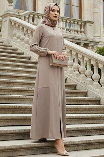 N.S NEVA STYLE Beige Hijab Ferace with Zipper 45315Bej