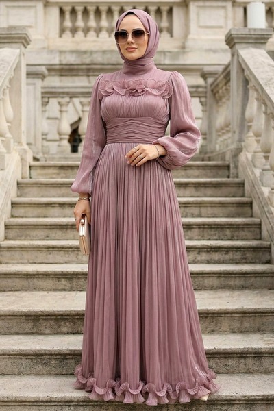 N.S NEVA STYLE Ruffle Detailed Dusty Rose Hijab Evening Dress 48231Gk