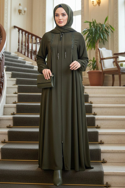 N.S NEVA STYLE Fermuarlı Haki Tesettür Ferace 45311HK