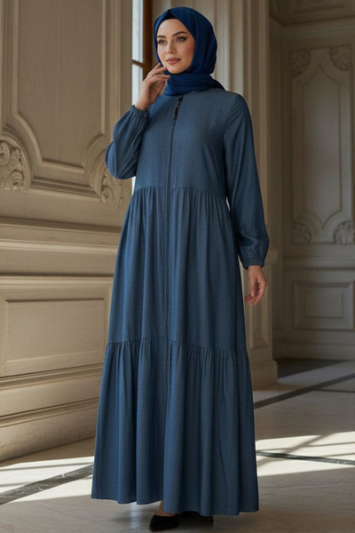 N.S NEVA STYLE Layered Pleated Dark Blue Hijab Robe 45310Km