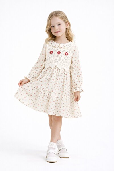 Cansın Mini Red Floral Patterned Embroidered Sweater Girl's Muslin Dress 23578