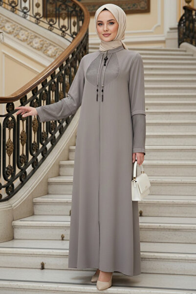 N.S NEVA STYLE Beige Hijab Abaya with Zipper 45298Bej