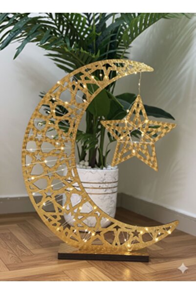 Generica Wooden crescent moon, battery or USB powered, 65 cm tall