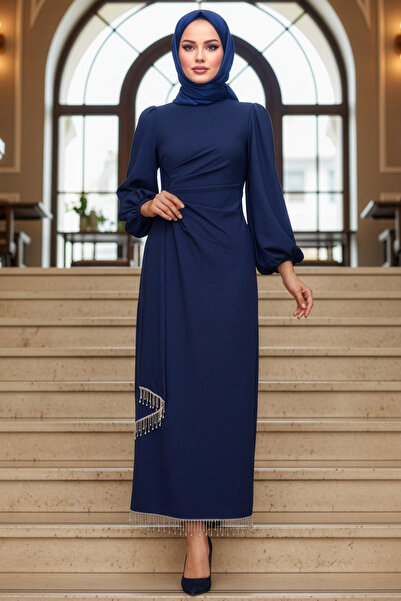 N.S NEVA STYLE Balon Sleeve Navy Blue Hijab Evening Dress 62251L