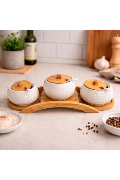 Generic Ceramic Spice Jar Set with Wooden Holder - 3 Pieces