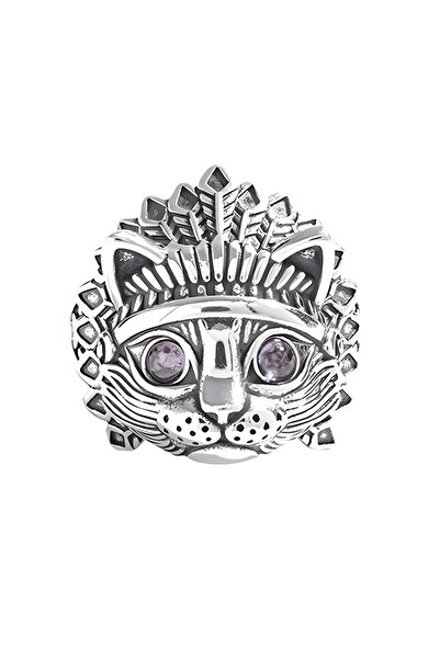 EFAYN.RO Women's ring, cat pattern, tribal cat theme, adjustable, silver, EFAYN