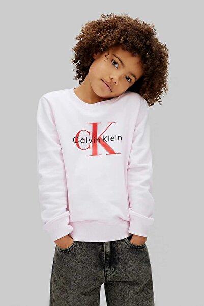 Calvin Klein Unisex Çocuk CK Monogram Terry CN Sweatshirt - Açık Pembe