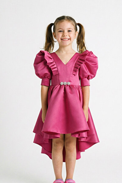 She Dress By Kubra Aksoy Kız Çocuk Fuşya Abiye Elbise Balon Kol ve Volan Deta...