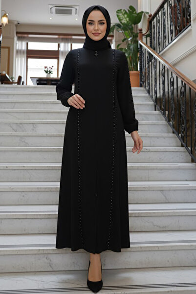 N.S NEVA STYLE Zippered Black Hijab Abaya 45317S
