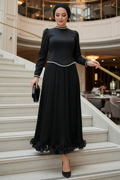 N.S NEVA STYLE Μαύρο Βραδινό Φόρεμα Τεσεττούρ με Λεπτομέρειες από Χάντρες 54981S