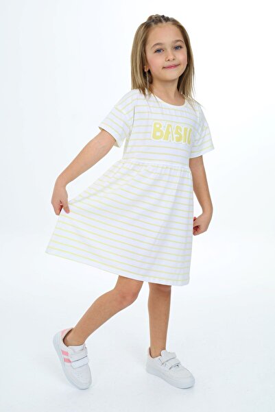 Toontoy Girl's Printed Relax Fit Crew Neck Short Sleeve Striped Dress