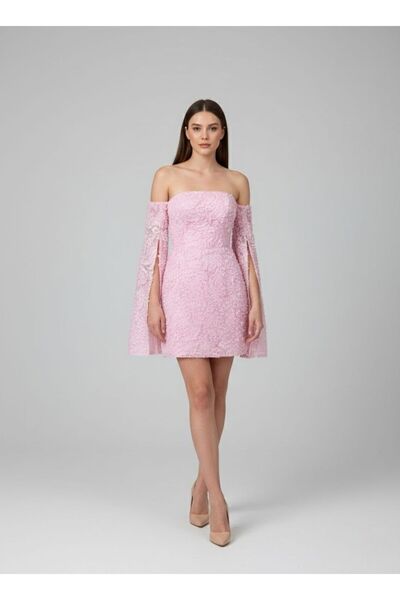 Tangül&Ali'S Moda Evi İspanyol Kol Pembe Straplez Mini Abiye Elbise