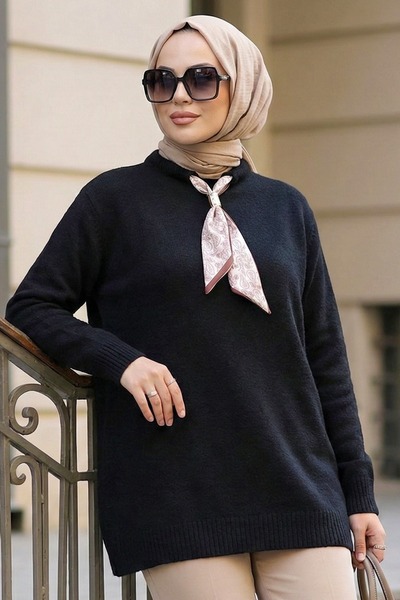 N.S NEVA STYLE Black Hijab Knitwear Sweater with Scarf 8968S