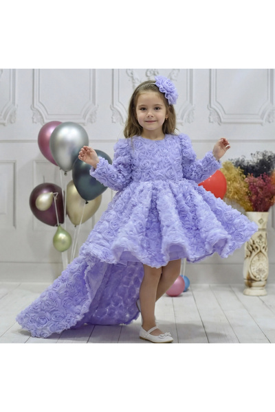 ELLUSSİ Kız Çocuk Lila Gül Desenli Kuyruklu Elbise Abiye