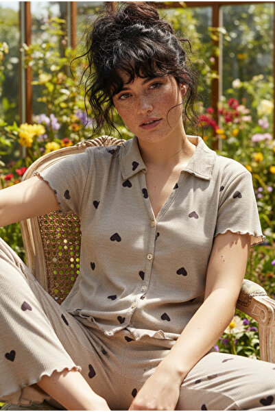 Siyah İnci Costum de pijama tricotat cu guler și nasturi, cu model inimioare ...