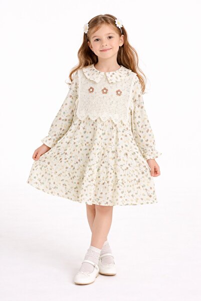 Cansın Mini Brown Floral Patterned Embroidered Sweater Girl's Muslin Dress 23580