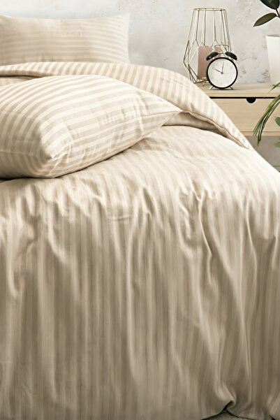 Nart Home Double Cotton - Satin 210 Tc (83 Thread) Striped Duvet Cover Set Beige