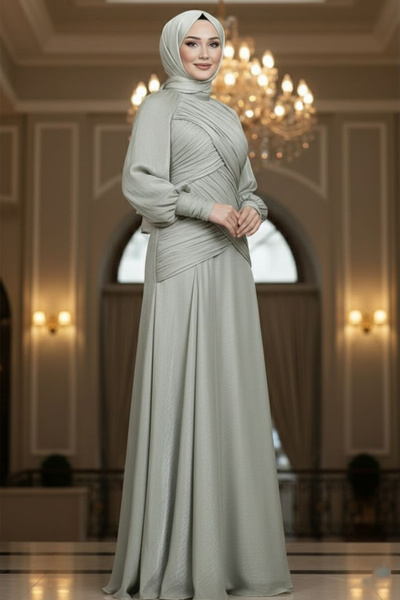 N.S NEVA STYLE - Drape Detailed Mint Hijab Evening Dress 55821Mint