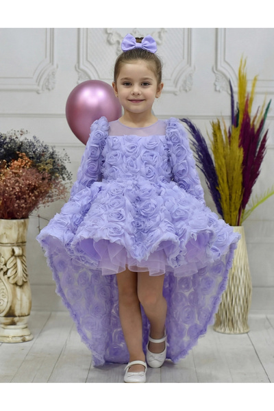 ELLUSSİ Kız Çocuk Lila Gül Desenli Kuyruklu Uzun Kol Ön Şeffaf Elbise Abiye
