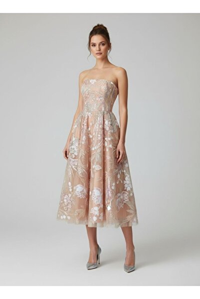 Tangül&Ali'S Moda Evi Soft Pembe İşlemeli Midi Elbise