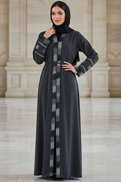 N.S NEVA STYLE Patterned Dark Gray Hijab Abaya 45303Kgr