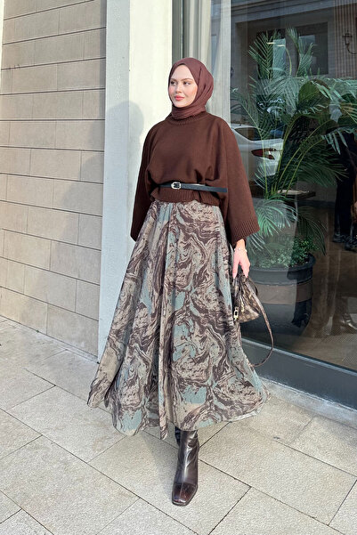 LOCCO Women's Abstract Patterned Skirt with Glitter Detail and Belt Khaki Green