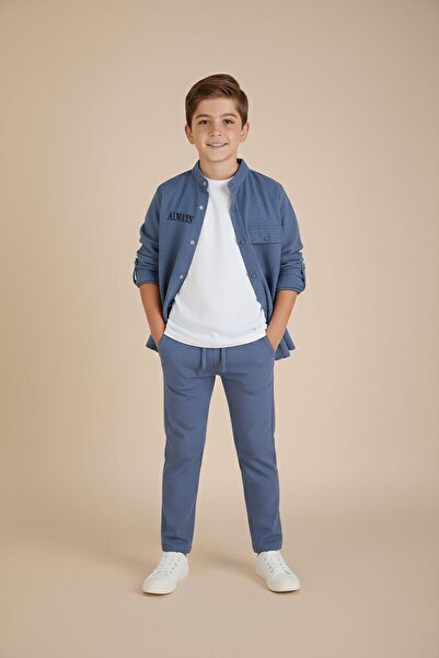 Cansın Mini Blue Linen Shirt and Trousers Boys' 3-Piece Top and Bottom Set 23572
