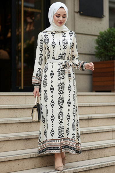 N.S NEVA STYLE Patterned Beige Hijab Dress 24085Bej