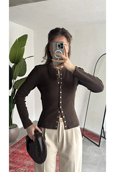 asfamoda Women's Brown Ribbed Knitwear Cardigan with Snap Fasteners Slim Fit ...