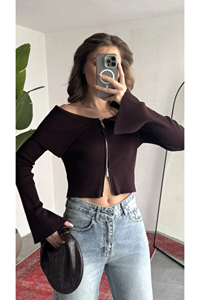 asfamoda Women's Brown Ribbed Knitwear Cardigan Double Zipper Madonna Collar ...