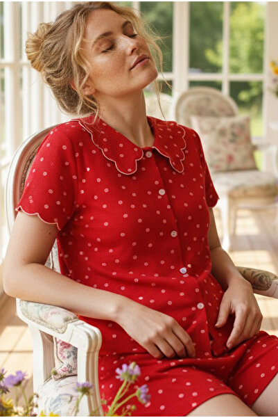 Siyah İnci Red Dots Patterned Collared Buttoned Ribbed Camisole Knitted Short...
