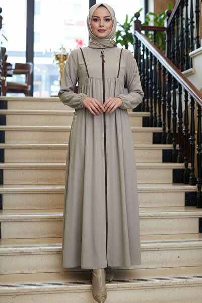 N.S NEVA STYLE Beige Hijab Ferace with Zipper 45318Ej