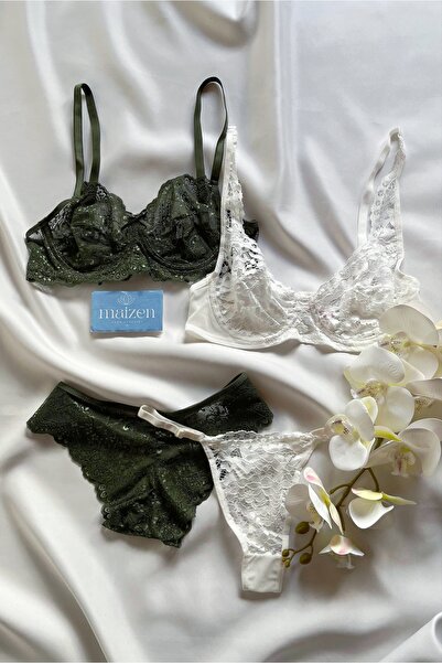 MAİZEN 2-Piece Bra Set Lace Gathering Underwire Transparent Bra Set