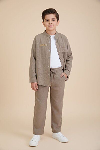 Cansın Mini Brown Linen Shirt and Trousers Boys' 3-Piece Top and Bottom Set 2...