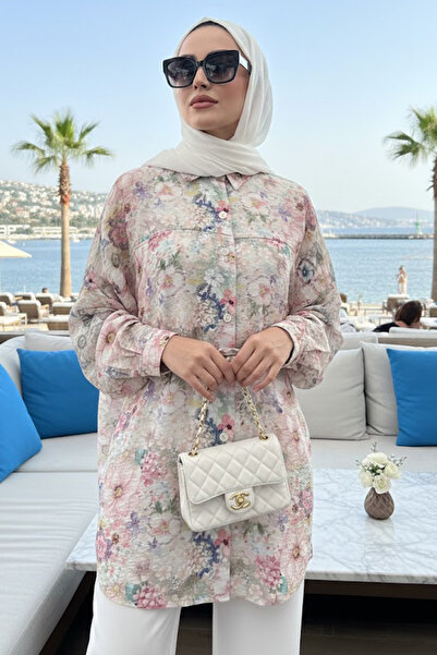 N.S NEVA STYLE Floral Patterned Pink Hijab Tunic 26602P