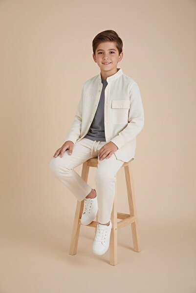 Cansın Mini Set 3 piese pentru băieți: cămașă și pantaloni din in crem 23573